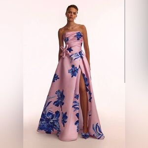 Milla Dainty pink A-line maxi dress with blue-flowered pattern